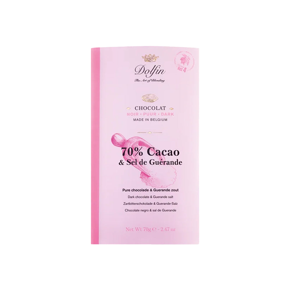 Dolfin 70 % dunkle Schokolade mit Fleur de Sel in rosa Verpackung.
