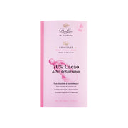 Dolfin 70 % dunkle Schokolade mit Fleur de Sel in rosa Verpackung.