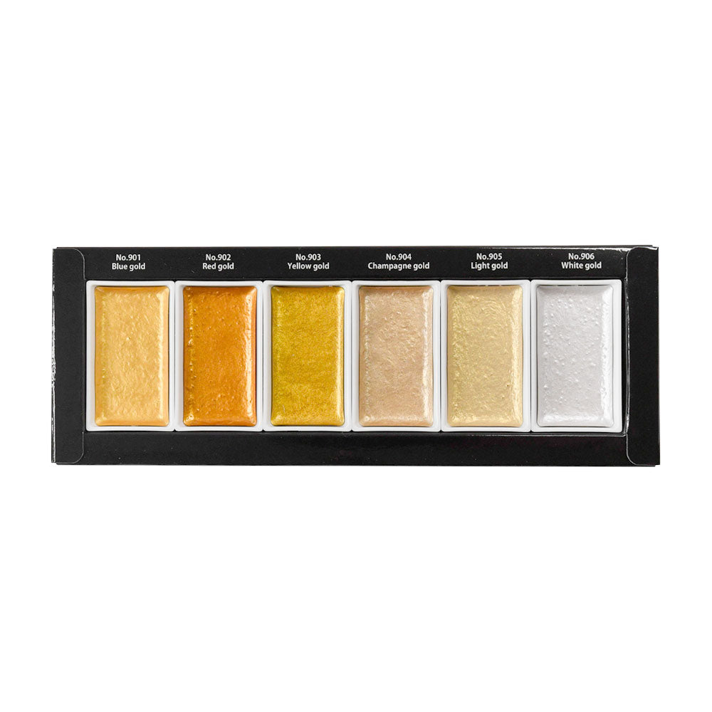 Die Kuretake-Palette enthält sechs metallische Aquarellfarben - Blau, Rot, Gelb, Champagner, Hellgold und Weißgold -, die von Starry Colors Gold Wasserfarbe Japan inspiriert und im Stil von Gansai Tambi Aquarellfarbe hergestellt wurden.