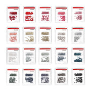 Achtzehn Päckchen Alexandra Renke Bastelverzierungen in verschiedenen Farben, ideal zum Buchbinden oder zur Verwendung mit der Fiskars Ösenstanze, übersichtlich in einem Raster angeordnet.