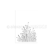 Minimalistische schwarze Linienzeichnung von hohen, dünnen Wildblumen oder Gras auf weißem Hintergrund, ideal für Photopolymer-Klarsichtstempelsätze wie Beeren-Schilf von Alexandra Renke.