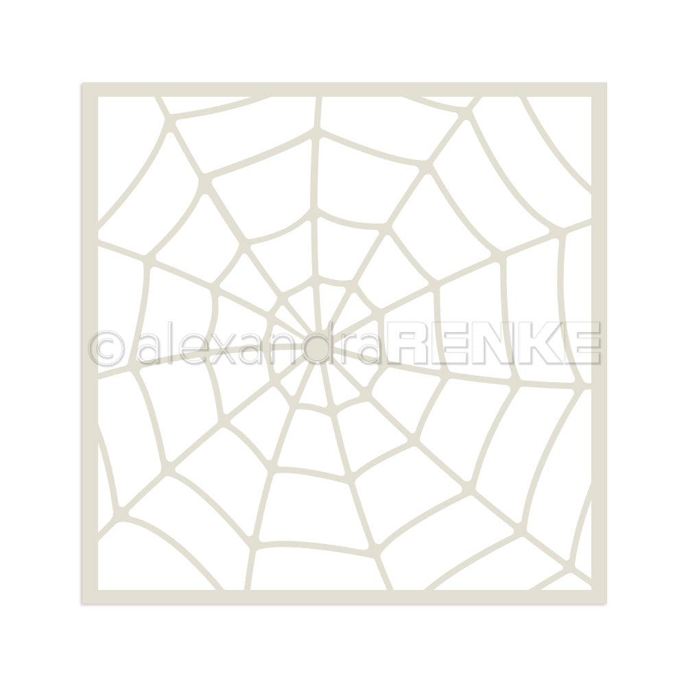 Eine quadratische Schablone von Alexandra Renke mit einem zarten Spinnennetzmuster in hellem Beige auf Weiß, ideal für Papierprojekte oder die Gestaltung einzigartiger Designs.