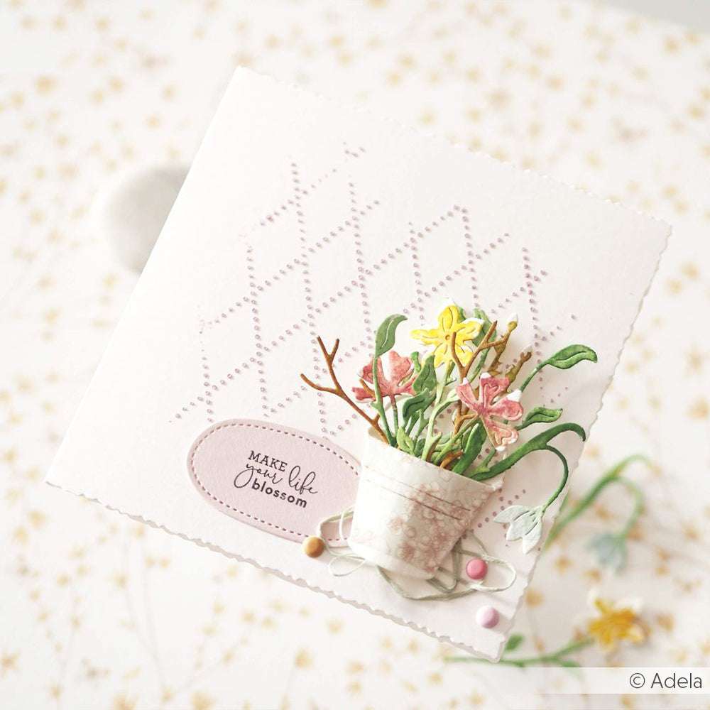 Handgemachte Karte von Alexandra Renke mit pastellfarbenen Blumen in einem Topf, gestickten Akzenten und dem Text "Make Life Blossom". Mit dem Stencil Rauten aus Punkten Design und mit wiederverwendbaren Schablonen.