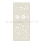 Alexandra Renke weißer Schablonenbogen (Schablone) mit Reihen von Sternen, Schlüsseln und verstreuten kleinen Schlüsseln und Sternen auf beige-ideal für Ihre nächsten Papierprojekte.