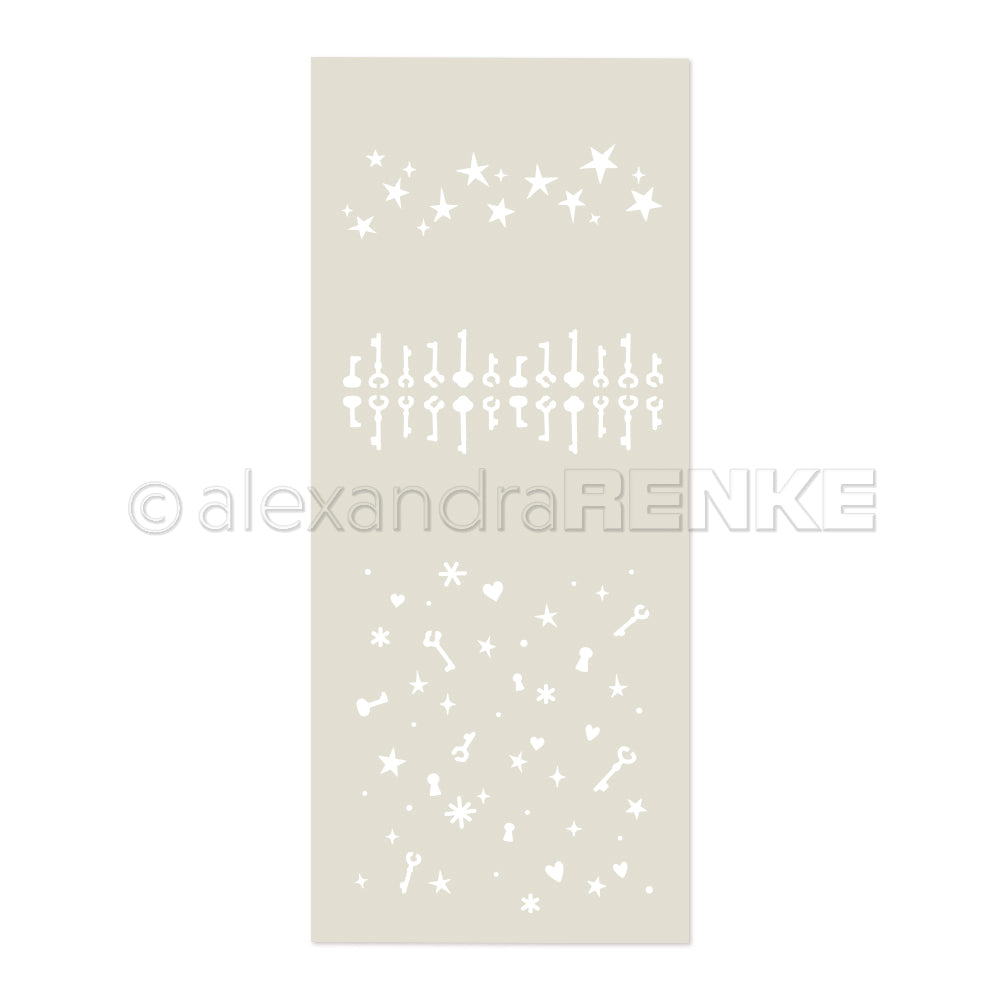 Alexandra Renke weißer Schablonenbogen (Schablone) mit Reihen von Sternen, Schlüsseln und verstreuten kleinen Schlüsseln und Sternen auf beige-ideal für Ihre nächsten Papierprojekte.