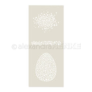 Die beigefarbene Schablonen-Schablone von Alexandra Renke zeigt gepunktete Cluster, horizontale Bänder und Ei-Formen - ideal als Stencil-Eierformen und dank des wiederverwendbaren Designs perfekt für den wiederholten Einsatz.