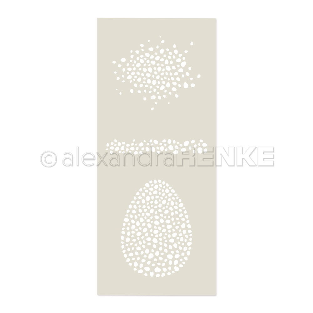 Die beigefarbene Schablonen-Schablone von Alexandra Renke zeigt gepunktete Cluster, horizontale Bänder und Ei-Formen - ideal als Stencil-Eierformen und dank des wiederverwendbaren Designs perfekt für den wiederholten Einsatz.