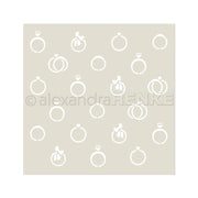 Weiße Verlobungsring-Symbole mit einzigartigen Designs auf einem hellbeigen, quadratischen Hintergrund von Alexandra Renke - perfekt für Papierprojekte oder als stilvolle Schablone für Ihre kreativen Projekte.