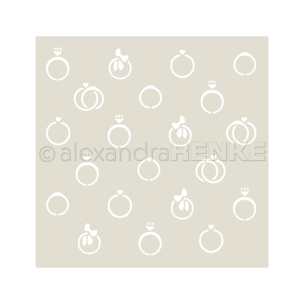 Weiße Verlobungsring-Symbole mit einzigartigen Designs auf einem hellbeigen, quadratischen Hintergrund von Alexandra Renke - perfekt für Papierprojekte oder als stilvolle Schablone für Ihre kreativen Projekte.