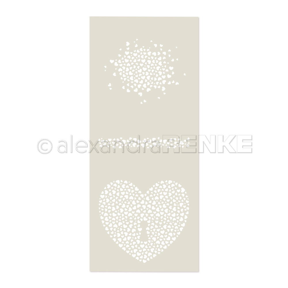 Die cremefarbene Schablone von Alexandra Renke zeigt oben einen gepunkteten Kreis und unten ein Herz voller Herzen - ideal für kreative Papierprojekte oder als wiederverwendbare Schablone.