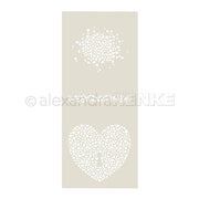 Die cremefarbene Schablone von Alexandra Renke zeigt oben einen gepunkteten Kreis und unten ein Herz voller Herzen - ideal für kreative Papierprojekte oder als wiederverwendbare Schablone.