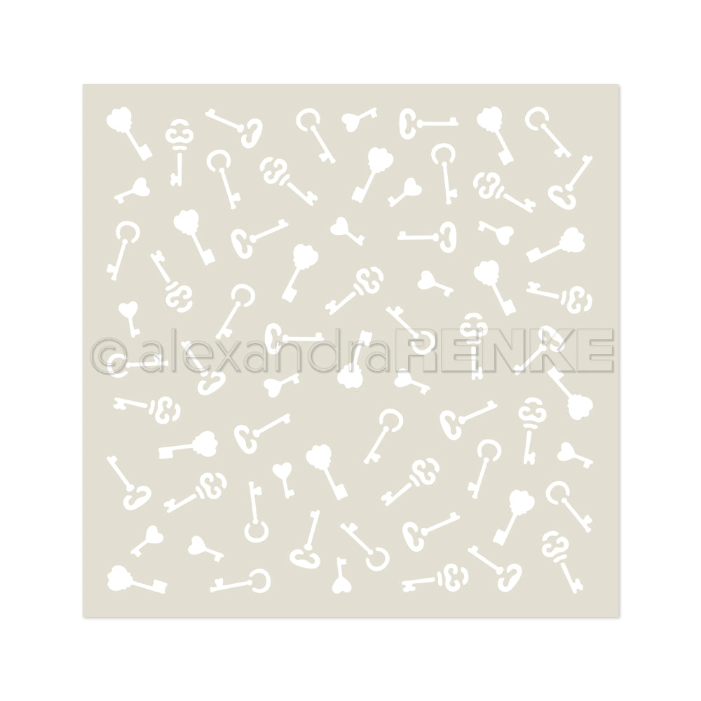 Weiße Vintage-Schlüssel sind auf einem hellbeigen, quadratischen Hintergrund verstreut, inspiriert von Alexandra Renke Designs. Dieses charmante Muster bietet einen zeitlosen Look und eignet sich perfekt für Projekte, die einen wiederverwendbaren, Vintage-inspirierten Touch brauchen.