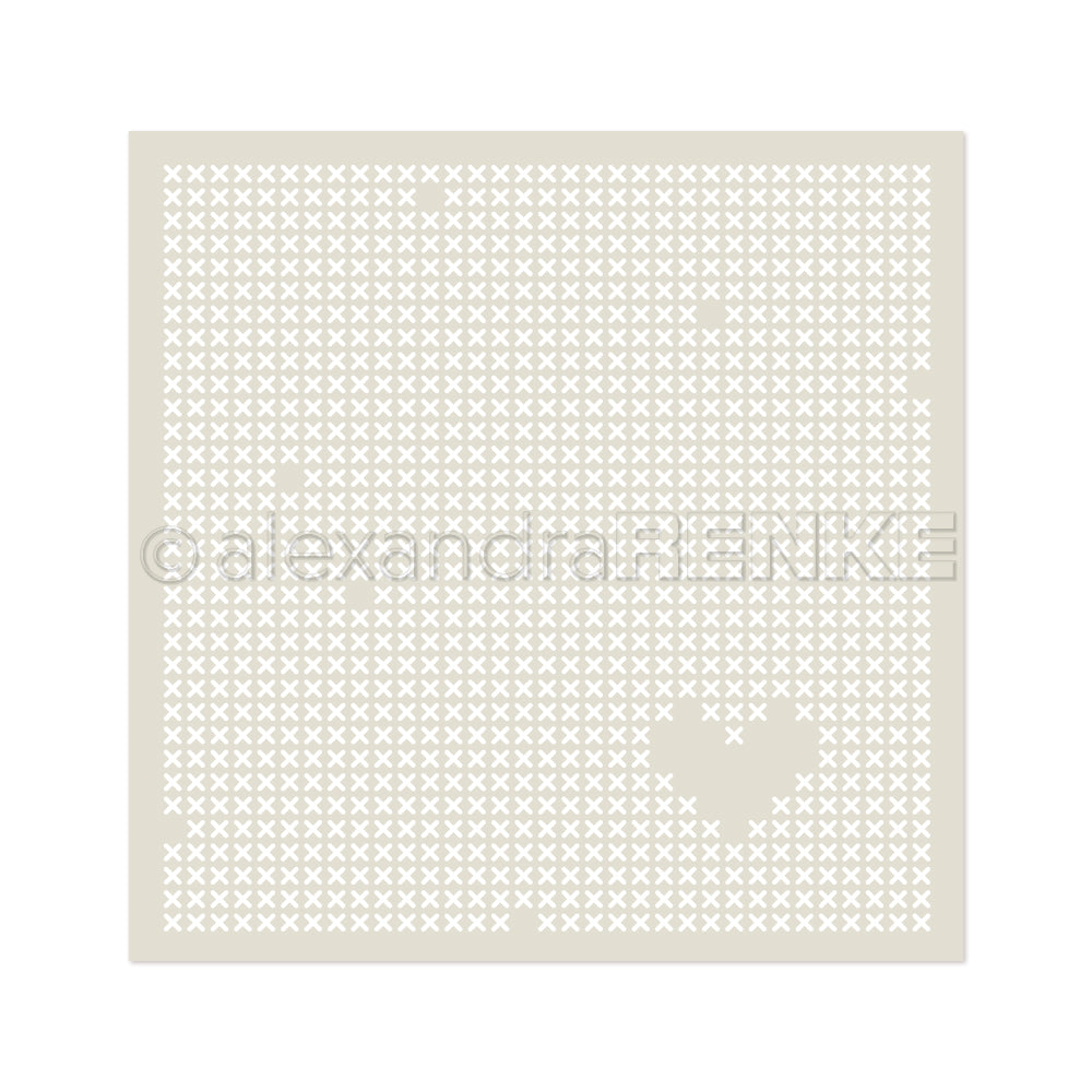 Ein quadratisches Raster aus weißen X's bildet ein Herz mit eingestreuten Lücken auf einem hellgrauen Kreuzstich-Hintergrund von Alexandra Renke, perfekt als wiederverwendbare Stencil-Schablone für kreative Projekte.