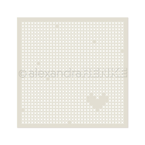 Ein quadratisches Raster aus weißen X's bildet ein Herz mit eingestreuten Lücken auf einem hellgrauen Kreuzstich-Hintergrund von Alexandra Renke, perfekt als wiederverwendbare Stencil-Schablone für kreative Projekte.