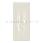 Beiges Rechteck mit vertikalen gepunkteten und gestrichelten Linien unterschiedlicher Länge in einem sich wiederholenden Muster, ideal für Schablonen-Papierprojekte oder zum Gestalten einzigartiger Designs mit einer wiederverwendbaren Schablone wie der Schablone „Tropfenketten“.