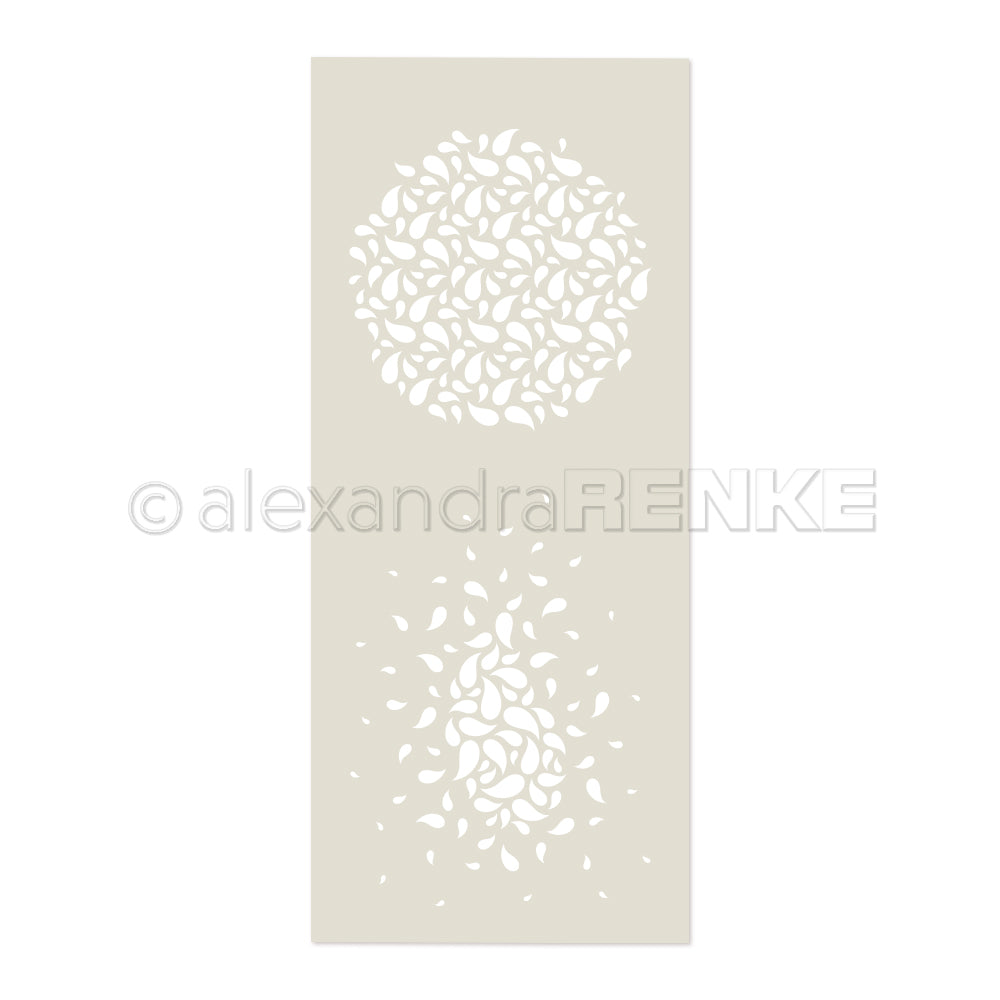 Rechteckige Paisley-Schablonen mit kreisförmigen und verstreuten Blattmotiven auf beigem Hintergrund. Dieses wiederverwendbare Schablonendesign eignet sich perfekt, um Ihren Bastel- und Dekorationsprojekten elegante Details zu verleihen.