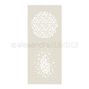 Rechteckige Paisley-Schablonen mit kreisförmigen und verstreuten Blattmotiven auf beigem Hintergrund. Dieses wiederverwendbare Schablonendesign eignet sich perfekt, um Ihren Bastel- und Dekorationsprojekten elegante Details zu verleihen.