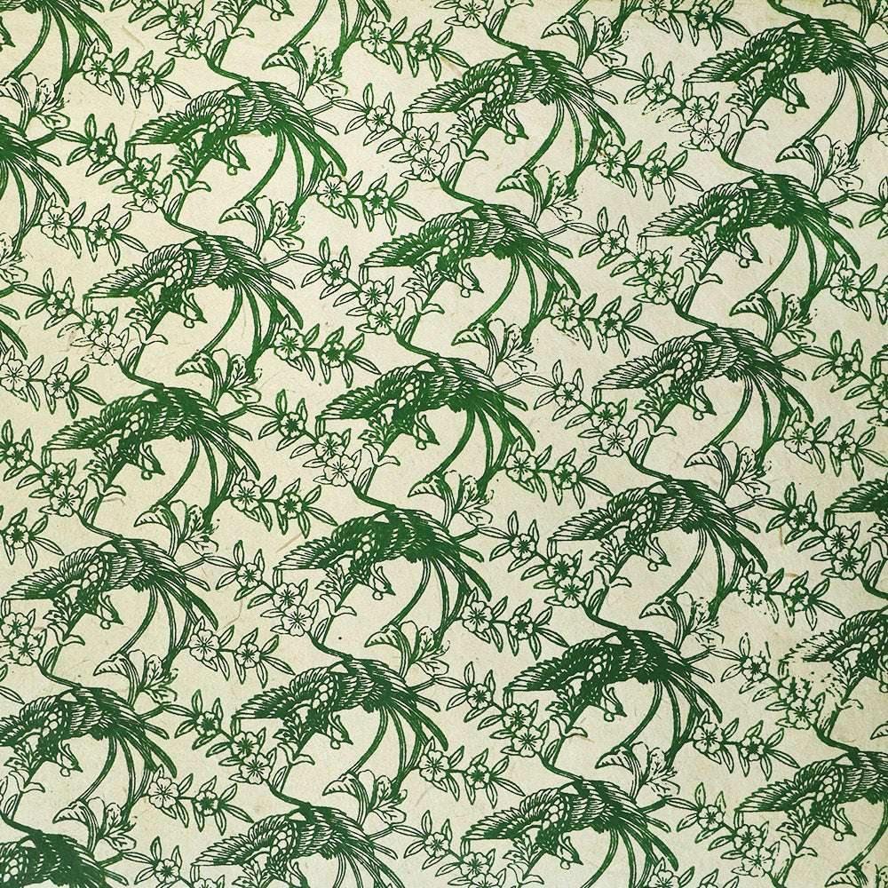 Ein diagonales grünes Fisch- und Pflanzenmuster auf hellem Nepalpapier von ☆-ideal für Bucheinbände oder Geschenkverpackungen mit natürlichem Flair. Elegantes, umweltfreundliches Finish.