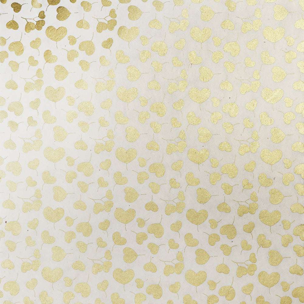 Herz- und Blattmuster aus Goldfolie auf cremefarbenem Nepalpapier mit einer dezenten vertikalen Linie von ☆-ideal für Bastelarbeiten oder Geschenkverpackungen.