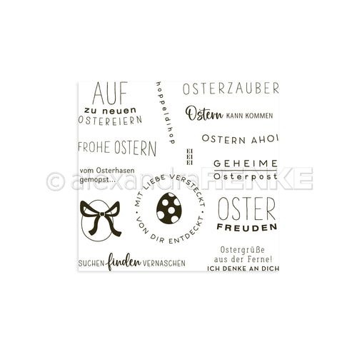 Alexandra Renke deutsche Ostersprüche und -symbole - Ei, Schleife und Hase (Ostereier) - auf einem weißen Hintergrund. Ideal für klare Stempel oder Photopolymer-Projekte.