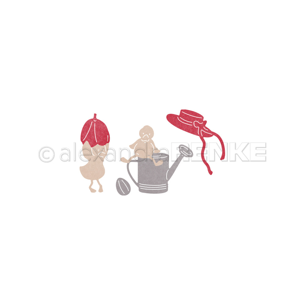 Einfache Zeichnung eines Vogels, Gießkanne, Samen und roter Hut mit Schleife auf weißem Grund - ideal für Oster Garten-Spaß oder als Inspiration für Motivstanze und Stanzsysteme von Alexandra Renke.