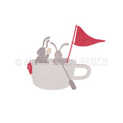 Zwei Cartoon-Hasen sitzen in einem Teetassenboot mit roter Flagge und Ruder, ideal für Designpapier oder als Motivstanze Ostern der Marke Alexandra Renke auf weißem Hintergrund.