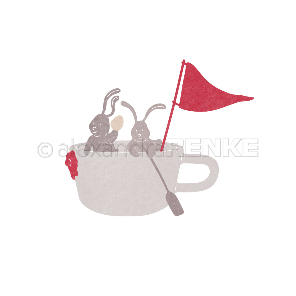 Zwei Cartoon-Hasen sitzen in einem Teetassenboot mit roter Flagge und Ruder, ideal für Designpapier oder als Motivstanze Ostern der Marke Alexandra Renke auf weißem Hintergrund.