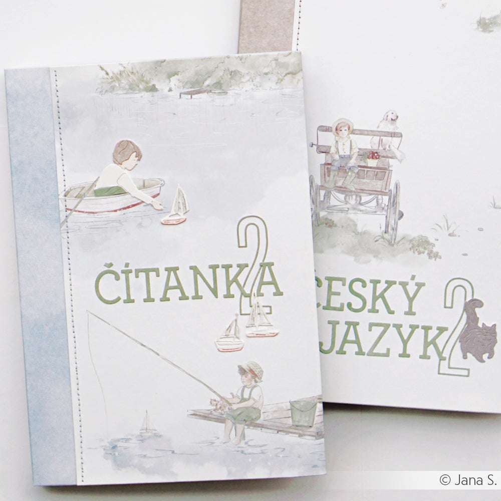 Zwei illustrierte tschechische Schulbücher von Alexandra Renke mit den Titeln Sommerfreude Angeln und Papierprojekte zeigen verspielte Umschläge mit Kindern, die angeln, rudern und mit einem Wagen fahren.