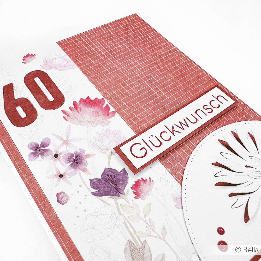 Alexandra Renke-Grußkarte mit "60" und "Glückwunsch"-Text, floralen Illustrationen und rotem Gitterhintergrund - ideal für Papierprojekte oder zur Aufwertung Ihrer Buchbinderei-Kreationen.