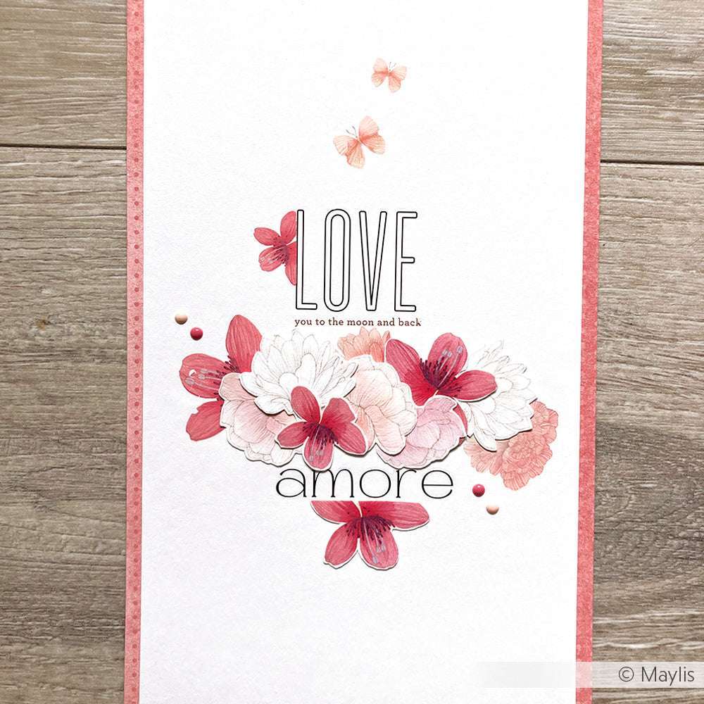 Grußkarte von Alexandra Renke mit rosa und roten Blumen, Schmetterlingen und "LOVE you to the moon and back amore", wunderschön gestaltet mit exquisitem Designpapier für Ihre besonderen Papierprojekte.