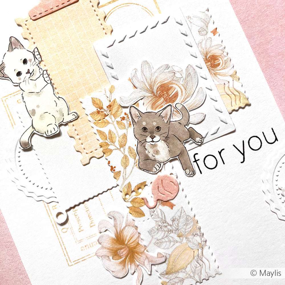 Handgefertigte Grußkarten mit Katzenillustrationen, pastellfarbenen Blumen und dem Text "für dich" auf weißem und rosa Hintergrund. Hergestellt mit Alexandra Renke Designpapier Sonnengruß für eine charmante und durchdachte Note.