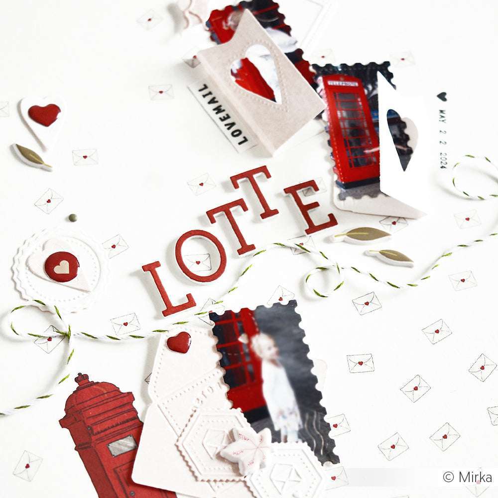 Scrapbook-Seite von Alexandra Renke mit LOTTE-Text, roten Akzenten, Umschlägen, Herzen, detailliertem Designpapier und Fotos von einem Kind mit einer roten Telefonzelle.