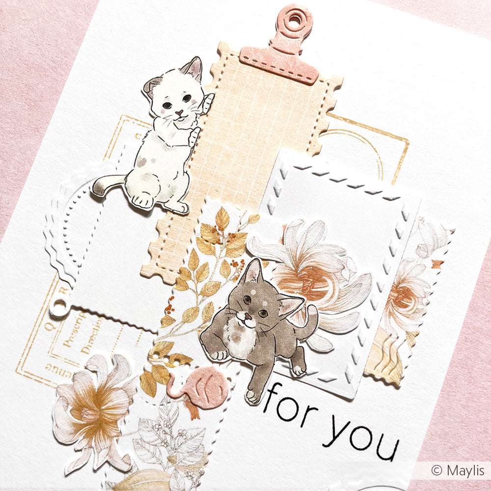 Handgefertigte Karte von Alexandra Renke mit zwei illustrierten Kätzchen, floralen Motiven und dem Text "for you" auf weiß - ideal für Papierprojekte oder alle, die schönes Designpapier lieben.