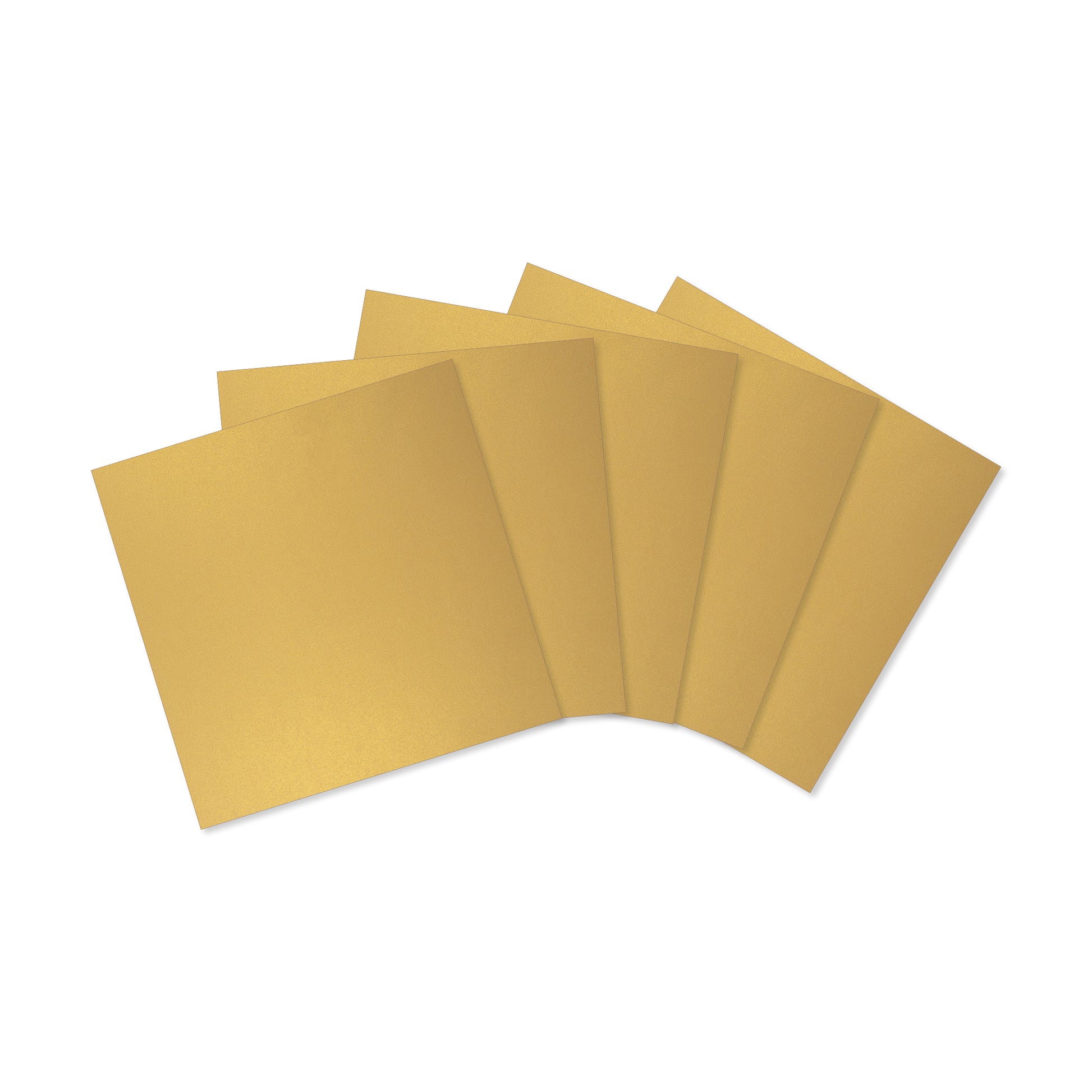 Fünf goldfarbene, quadratische Kartonbögen (216 g/m²) mit einer glitzernden Oberfläche sind auf einem weißen Hintergrund fächerförmig angeordnet.