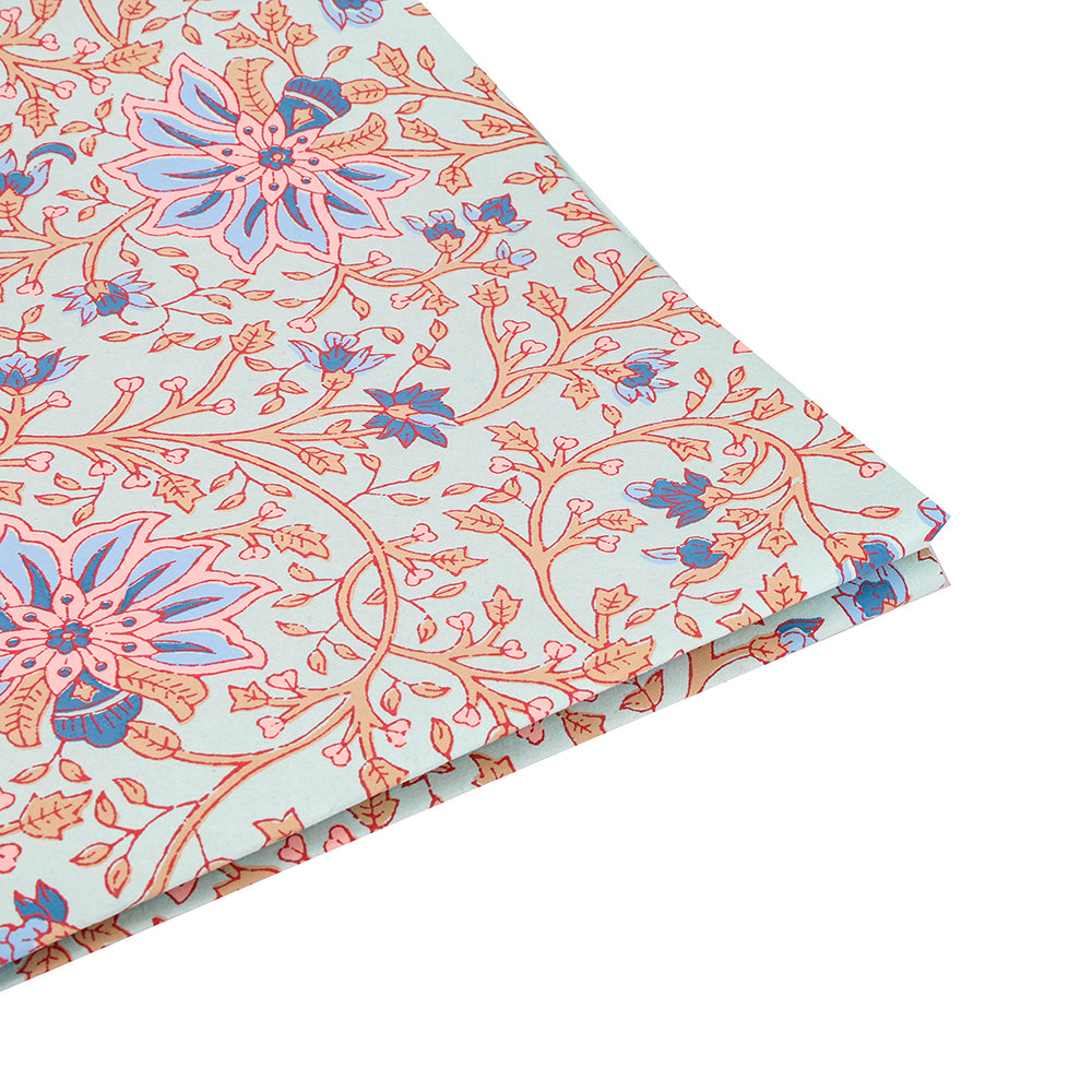 Gefalteter ☆ Stoff mit einem floralen Muster in Rosa, Blau und Orange auf einem hellen mintgrünen Hintergrund - ideal für Geschenke Verpacken oder kreative Buchbinden-Projekte.