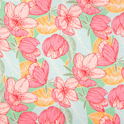 Rosa umrandete Kirschblüten mit grünen Blättern auf pastellgelbem und blauem Hintergrund, ideal für Geschenke Verpacken oder elegante Designs auf Baumwollpapier. Von der Marke ☆.
