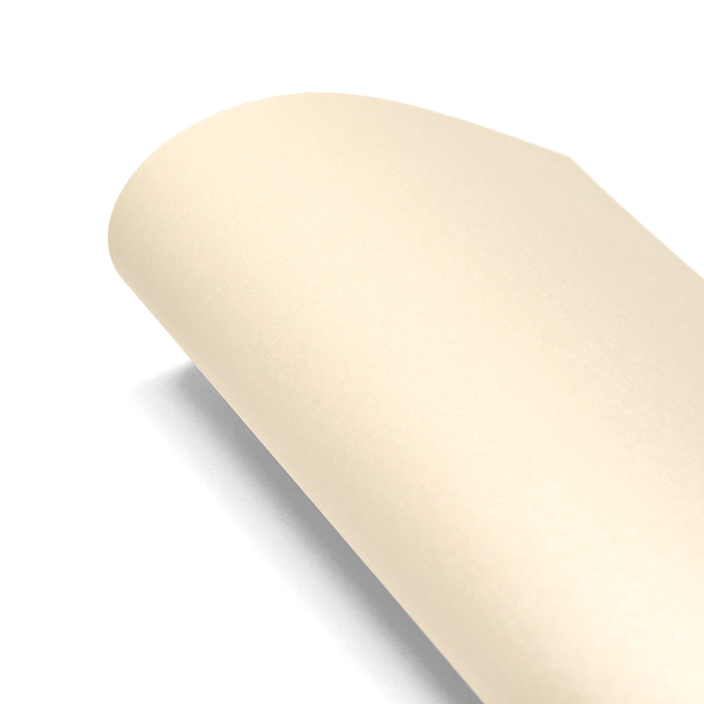 Ein einzelnes Blatt ☆ cremefarbenes 310g/m² Papierkunstpapier, das an einem Ende gebogen ist, ruht elegant auf einem weißen Hintergrund.
