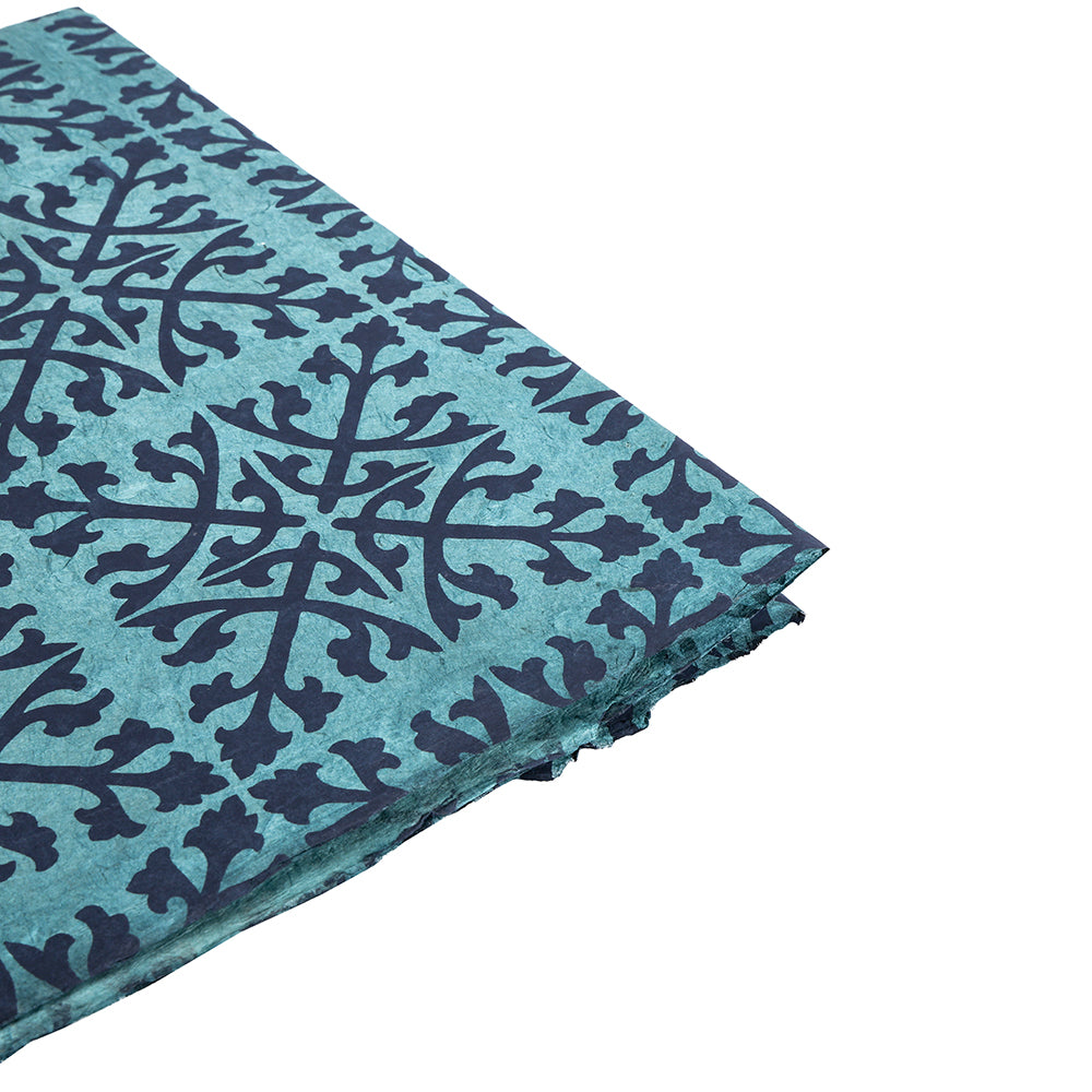 Blaues Nepalpapier von ☆, mit einem sich wiederholenden dunkelblauen Blumenmuster und gefalteten Ecken auf weißem Hintergrund. Ideal als nachhaltiges Papier für Geschenkpapier.
