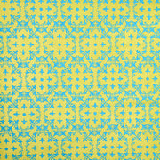 Leuchtend gelbes und türkisfarbenes Vintage-Tapetenmuster mit Blumen- und Schneckenmotiven von ☆, inspiriert von Nepalpapier - ideal als einzigartige Geschenkverpackung oder als nachhaltiges, umweltfreundliches Papier für kreative Projekte.