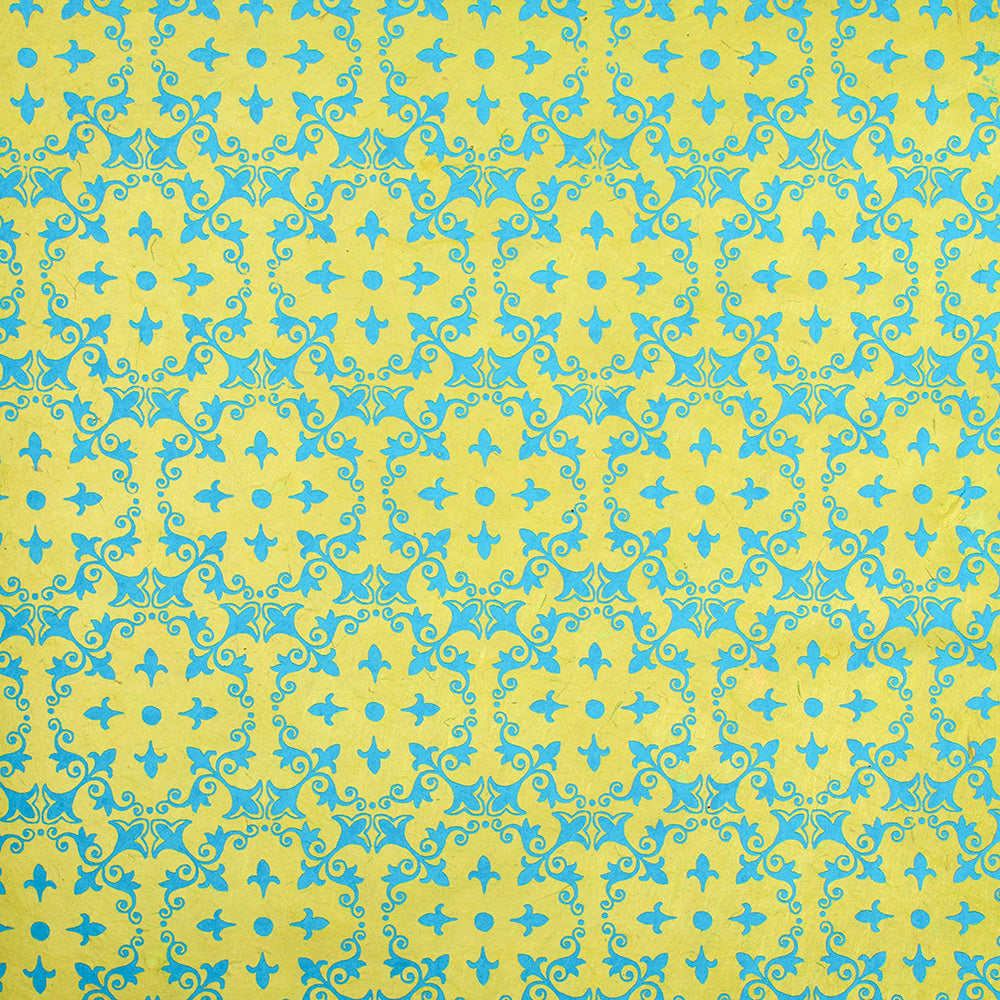 Leuchtend gelbes und türkisfarbenes Vintage-Tapetenmuster mit Blumen- und Schneckenmotiven von ☆, inspiriert von Nepalpapier - ideal als einzigartige Geschenkverpackung oder als nachhaltiges, umweltfreundliches Papier für kreative Projekte.