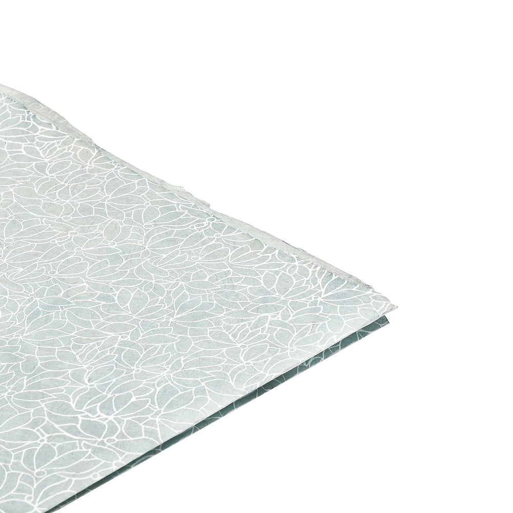 Hellblauer Stoff mit weißem Blattmuster, sauber gefaltet auf weißem Grund. Seine Textur erinnert an Nepalpapier - ideal als nachhaltiges Geschenkpapier für besondere Anlässe.