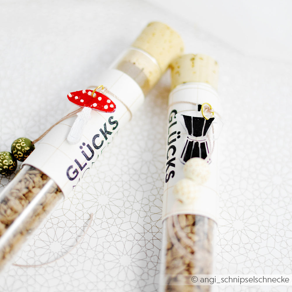 Zwei Glasröhrchen mit GLÜCKS-Etiketten, eines mit einem Pilz, das andere mit einem Kleider-Anhänger verziert – perfekt für alle, die Schmuck gestalten oder Anhänger selbst herstellen möchten. Beide Anhänger wurden liebevoll aus Schrumpffolie gefertigt und verleihen den Glasröhrchen einen individuellen Look.