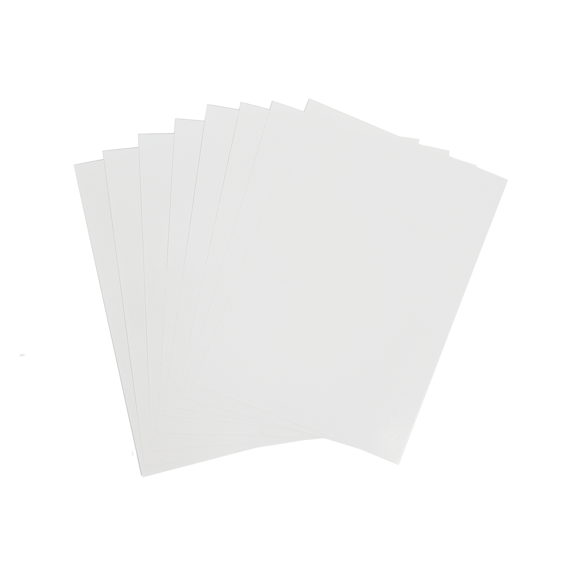 Acht leere weiße Papierbögen sind auf einem weißen Hintergrund fächerförmig angeordnet – ideal für den Einsatz mit einem Laserdrucker oder für kreative Bastelprojekte.