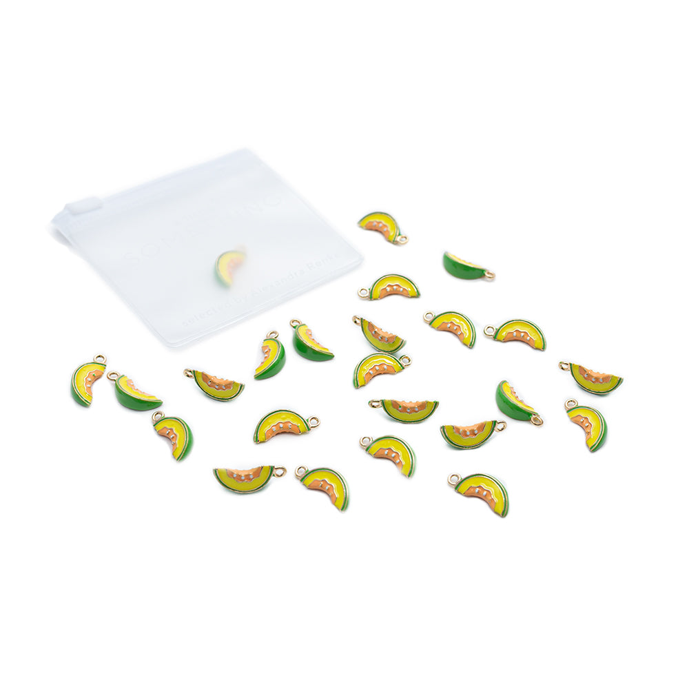 Alexandra Renke Obst Charm-Schmuckstücke in Form von Wassermelonen- und Taco-Stücken liegen verstreut neben einem durchsichtigen Beutel mit Reißverschluss.