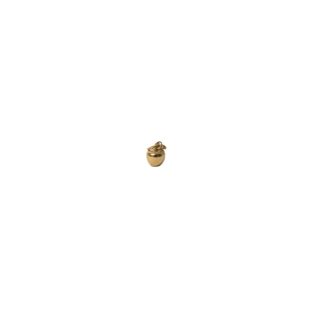 Ein kleiner, goldfarbener Anhänger in Eichelform mit einer Öse an der Oberseite, platziert auf einem schlichten weißen Hintergrund – ein bezaubernder Obst-Anhänger und die perfekte Ergänzung zu Ihren Lieblingsschmuckstücken.