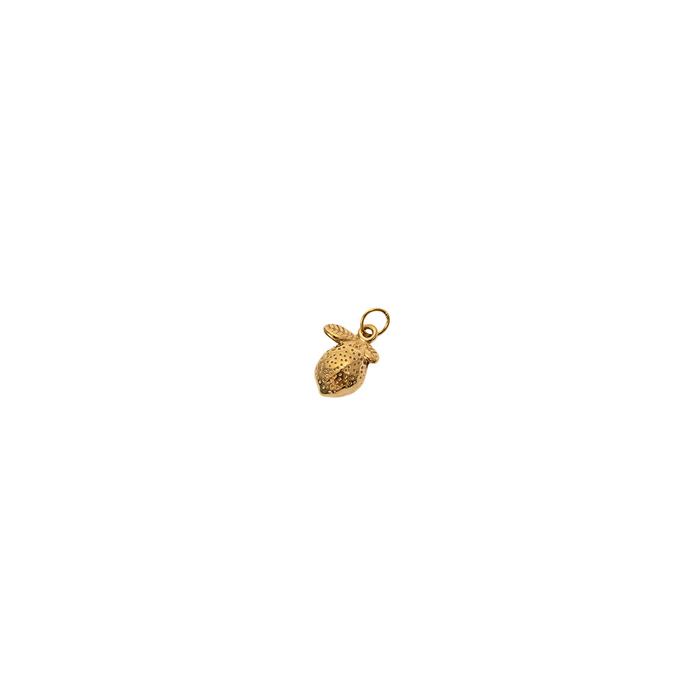 Kleiner goldener Anhänger in Zitronenform (Obst-Anhänger) mit einer Öse zum Befestigen, isoliert auf weißem Hintergrund.