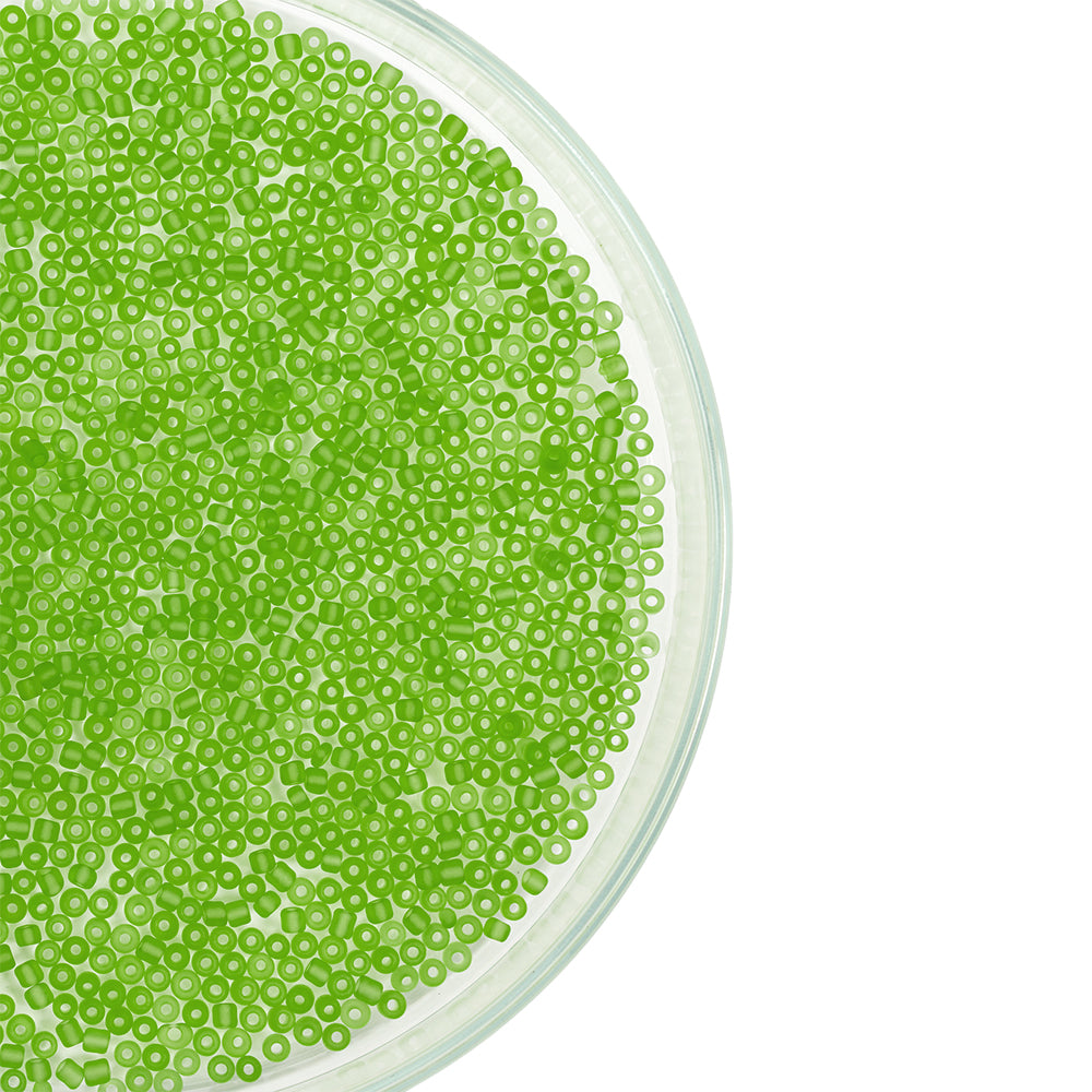 Eine durchsichtige Schale, gefüllt mit kleinen, runden, leuchtend grünen Mini-Glasperlen auf weißem Hintergrund – ideal zum Schmuckbasteln und für kreative Bastelprojekte.
