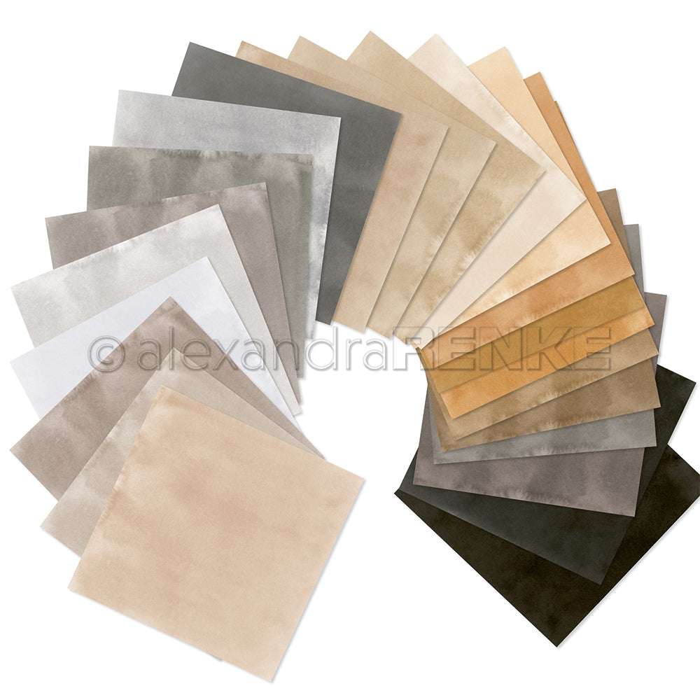 Ein Fan der rechteckigen Designpapierbögen von Alexandra Renke in neutralen Farbtönen, die in einem Halbkreis auf weißem Hintergrund angeordnet sind - perfekt, um die Kreativität bei Ihrem nächsten Projekt zu entfesseln.