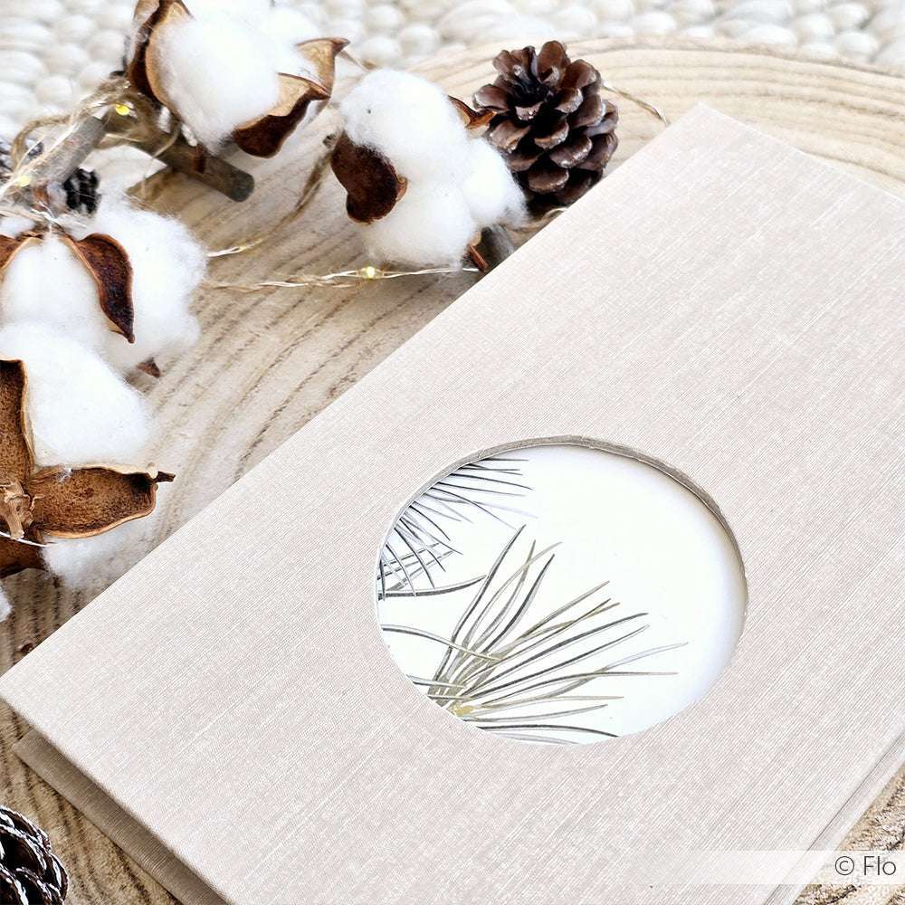 Beigefarbene Schachtel von Alexandra Renke mit einem runden Fenster mit sichtbaren Tannennadeln, die mit PAPPcuts-Techniken hergestellt wurden und neben Baumwollzweigen und Tannenzapfen zu sehen sind.