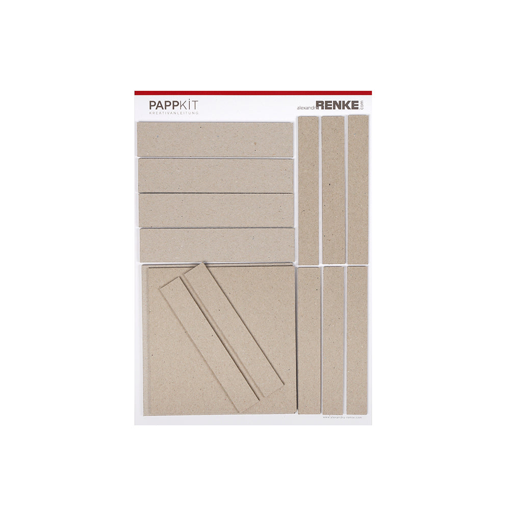 Ein Set aus rechteckigen und quadratischen Spanplatten von Alexandra Renke, perfekt für die Herstellung einer flachen Einsteckbox oder einer kreativen Geschenkverpackung, dargestellt auf weißem Hintergrund.